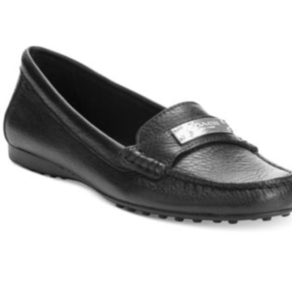 Coach Fredrica Black Leather Loafers pebbled leather silver-tone Coach logo 11B